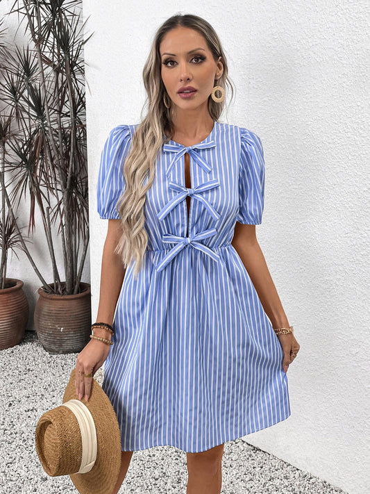 Cardydony Women's Striped Bow-Tie Mini Dress | Puff Sleeve A-Line Dress