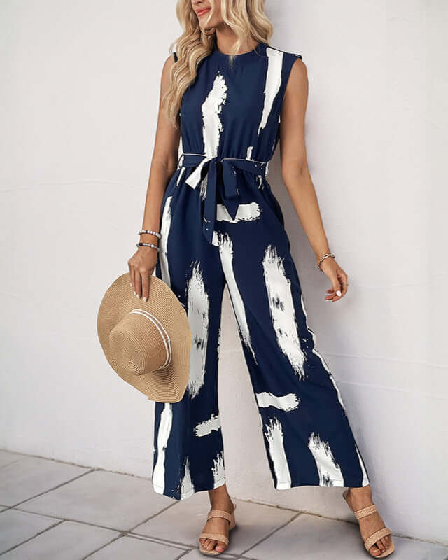 Cardydony Women's Brushstroke Print Belted Jumpsuit | Sleeveless Wide-Leg One-Piece