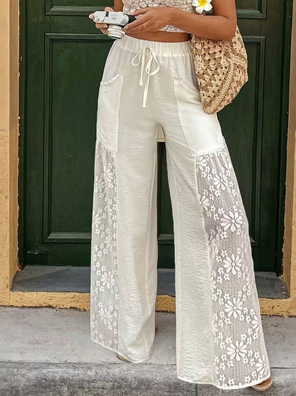 Cardydony Women's Solid Color Design Lace Stitching Wide Leg Pants