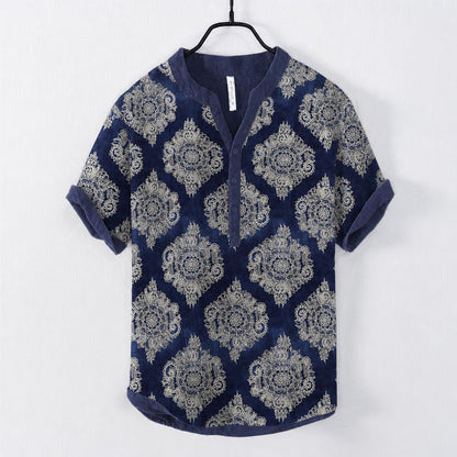 Cardydony Men's Japanese Art Ethnic Print Cotton Linen Top