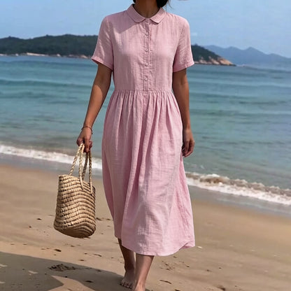Cardydony Women's Solid Color Linen Blend Lapel Dress