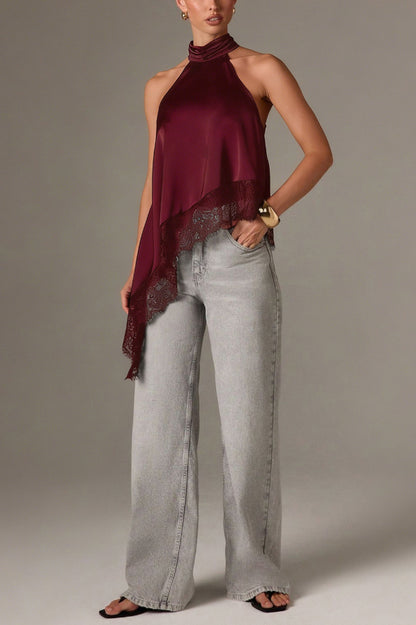 Cardydony Women's Solid Color Satin Sleeveless Lace Hem Loose Top