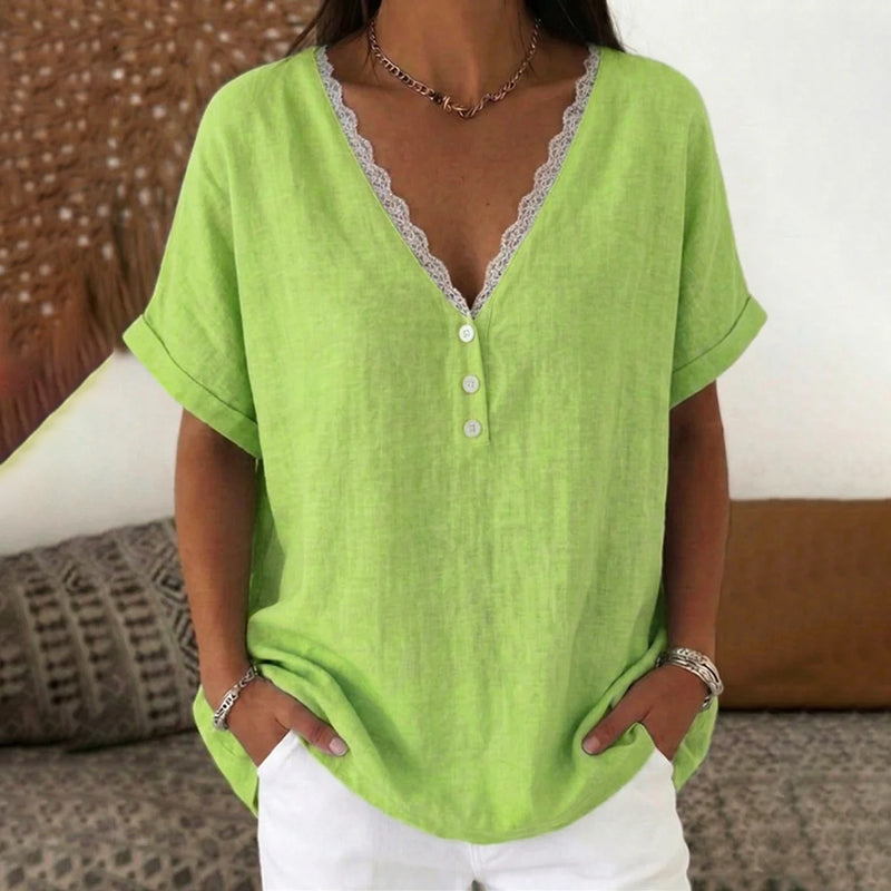 Cardydony Women's Solid Color Lace V-neck Short Sleeve Linen Blend T-shirt