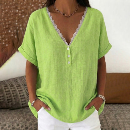 Cardydony Women's Solid Color Lace V-neck Short Sleeve Linen Blend T-shirt