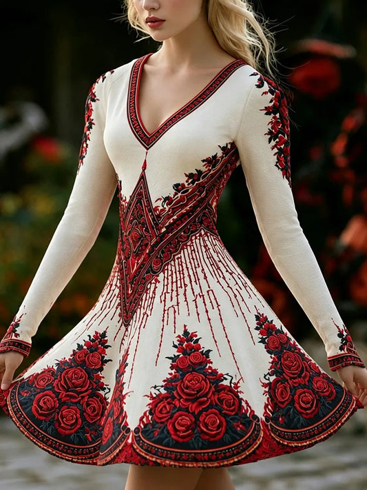 Cardydony Women's Retro Halloween Gothic Floral Print Long-sleeved Cotton Linen V-neck Dress