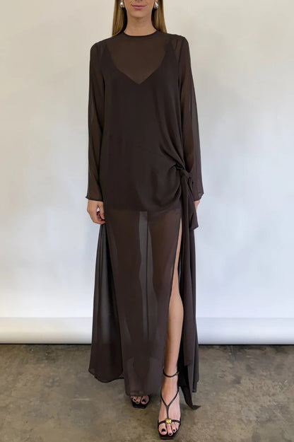 Cardydony Women's  Fashionable Mesh See-through Round Neck Long Sleeve Tie Bow Slit Maxi Dress