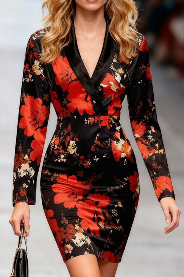 Cardydony Women's Floral Print V-neck Long-sleeved Slim-fit Mini Dress