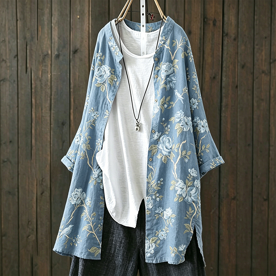 Cardydony Floral Pattern Design Women's Casual Linen Long Shirt 1