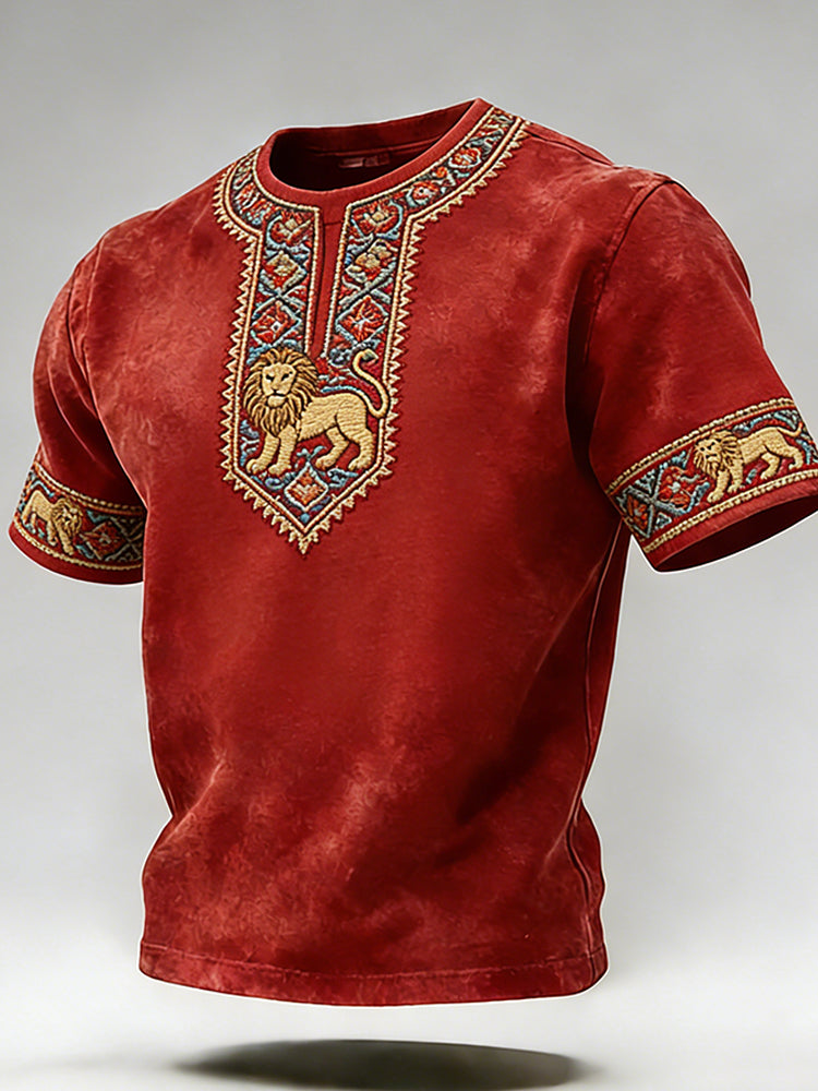 Cardydony Vintage Iranian Traditional Pattern Embroidered Crew Neck Short Sleeve