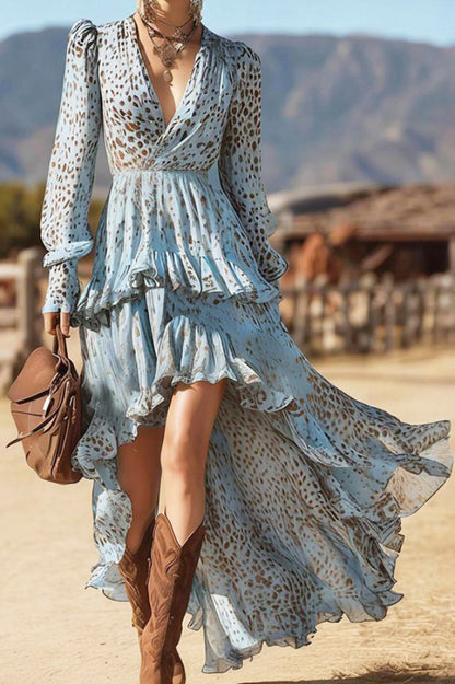 Cardydony Women's Unique Print V-Neck Long Sleeve Irregular Ruffle Maxi Dress