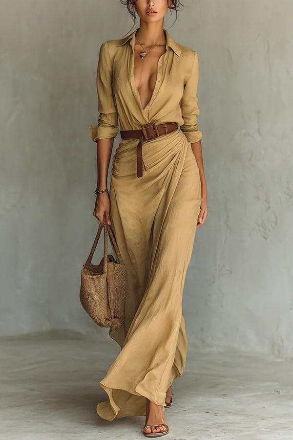 Cardydony Women's City Sleek Single Breasted Long Sleeve Warp Slit Shirt Maxi Dress