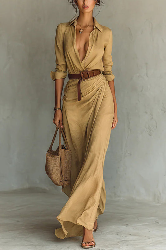 Cardydony Women's City Sleek Single Breasted Long Sleeve Warp Slit Shirt Maxi Dress