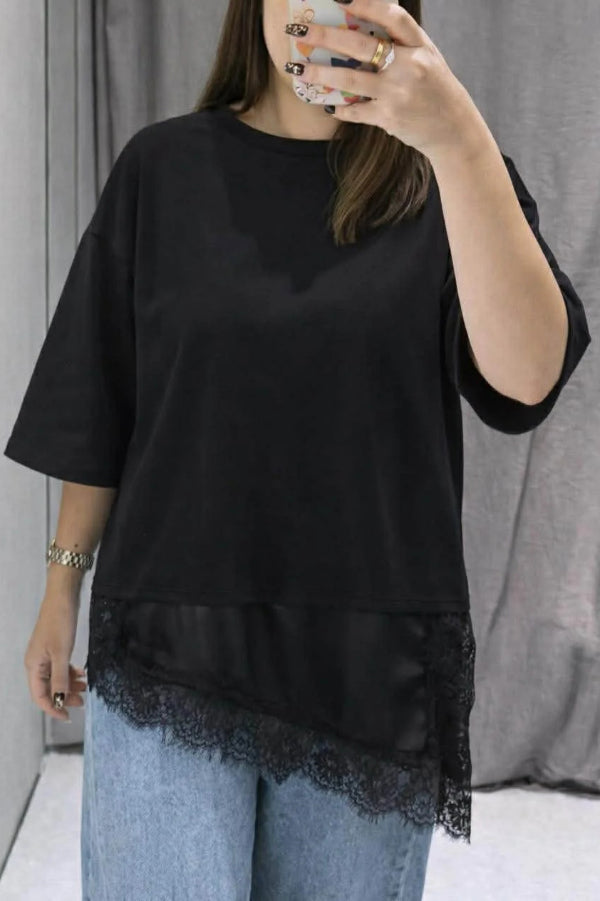 Cardydony Women's Stylish Round Neck Short-sleeved Patchwork Lace Hem Loose T-shirt