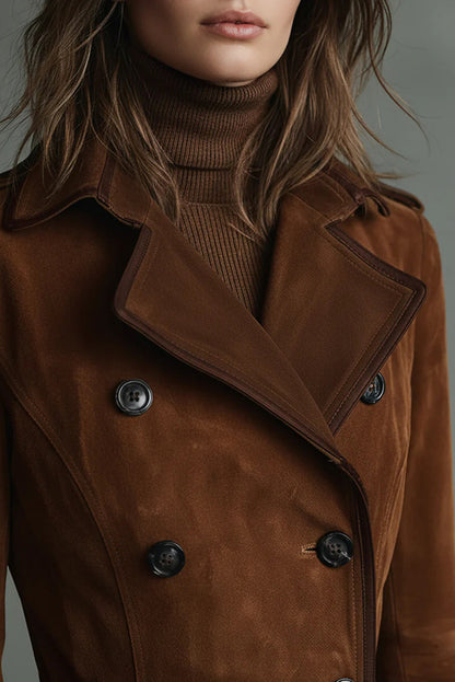 Cardydony Women's Stylish Suede Lapel Button Casual Pocket Long Trench Coat
