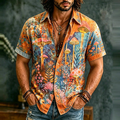 Cardydony Men's Retro Hippie Psychedelic Mushroom Forest Pattern Casual Washed Shirt