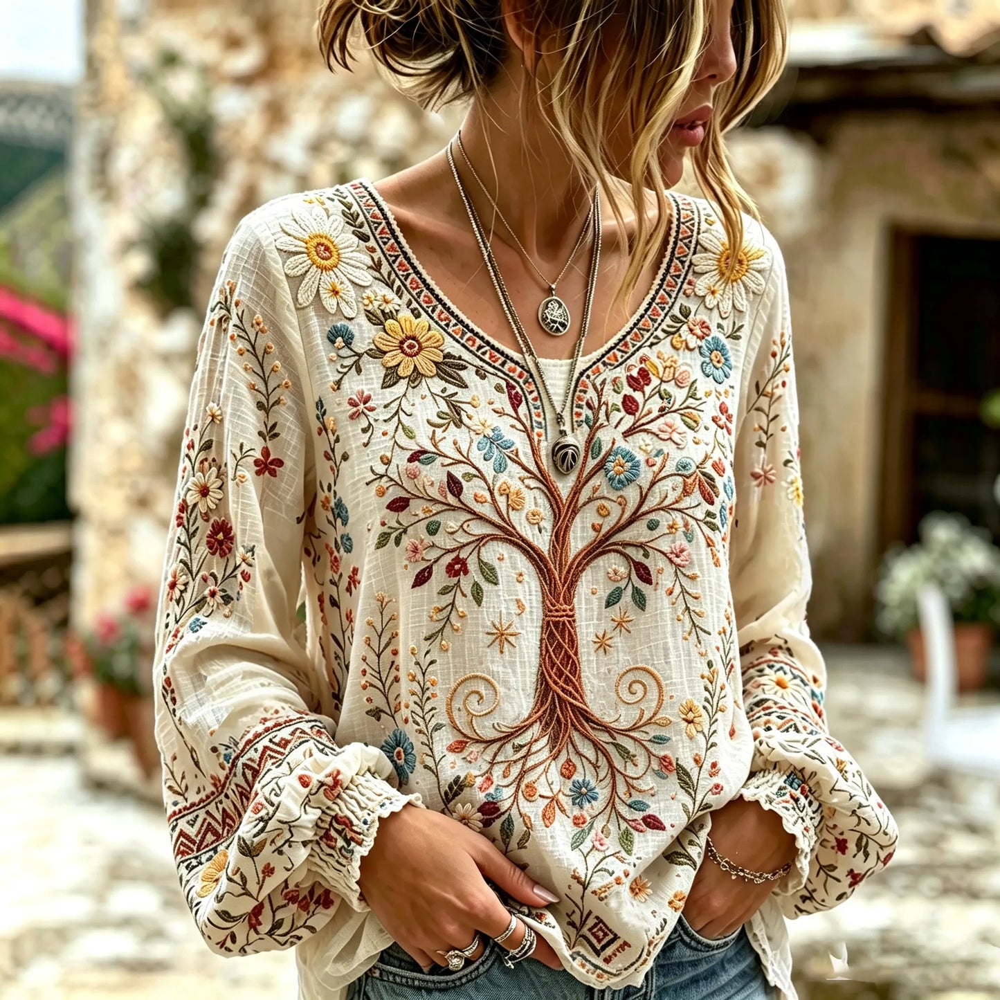 Cardydony Women's Vintage Life Tree Art Print Flowy Linen Blend Linen Blend Long Sleeve Casual Tops