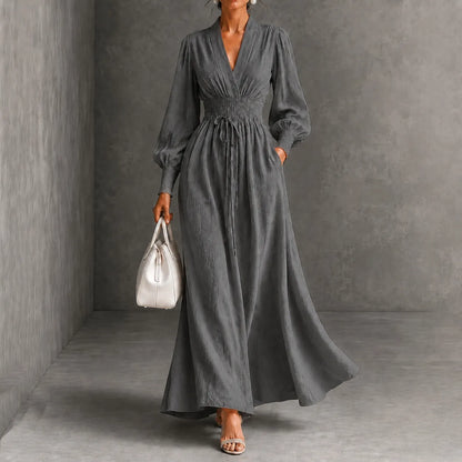 Cardydony Elegance V-neck Belted Waist Long Sleevess Maxi Dress