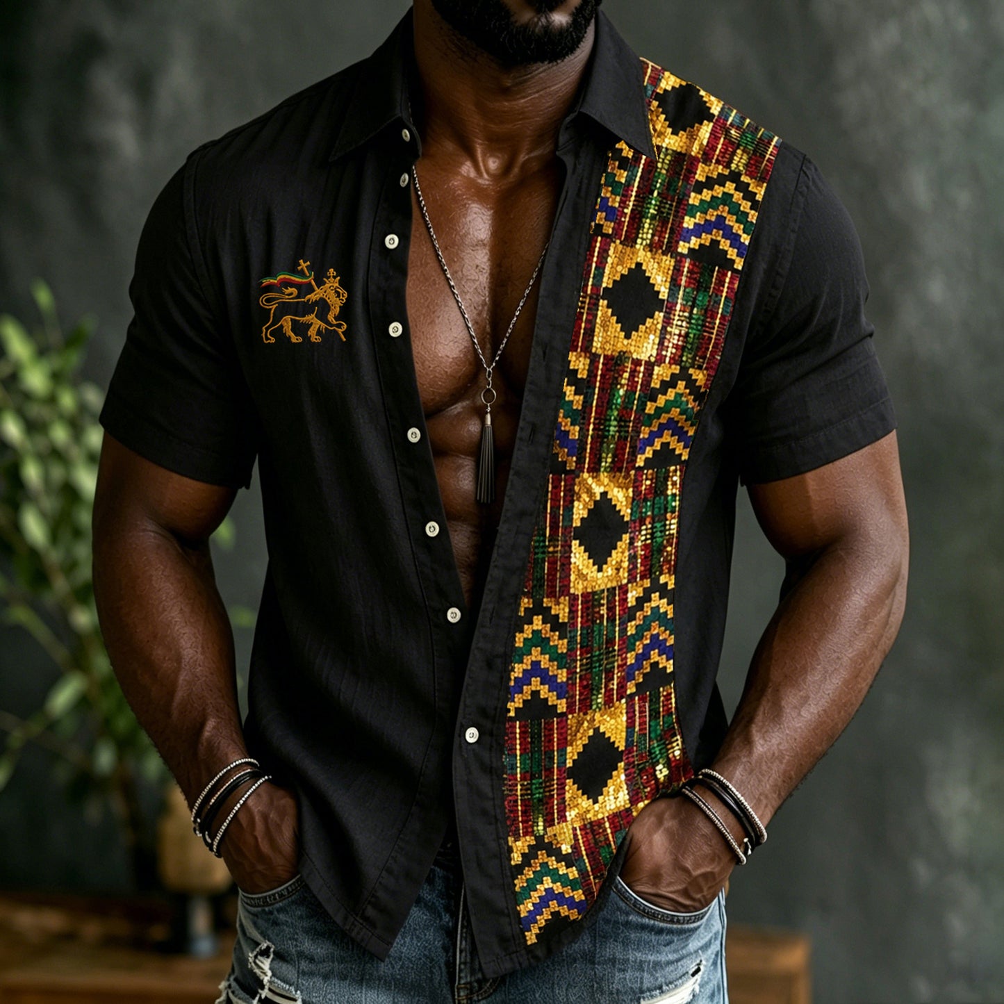 Cardydony Men's Retro Lion Of Judah Ethnicpatchwork Art Casual Linen Short Sleeves Shirt