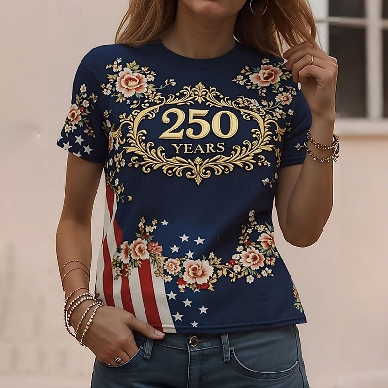 Cardydony Women's American 250th Anniversary Floral Art Round Neck T Shirt