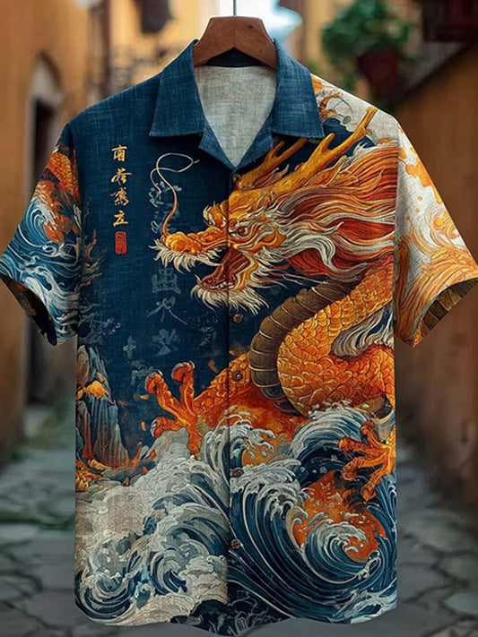 Cardydony Men's Japanese Dragon Pattern Linen Blend Casual Shirt
