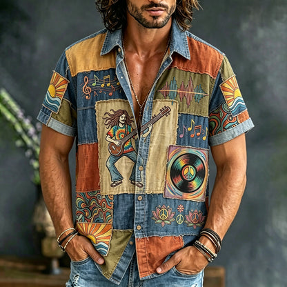 Cardydony Men's Hippie Music Patchwork Denim Art Print Casual Shirt