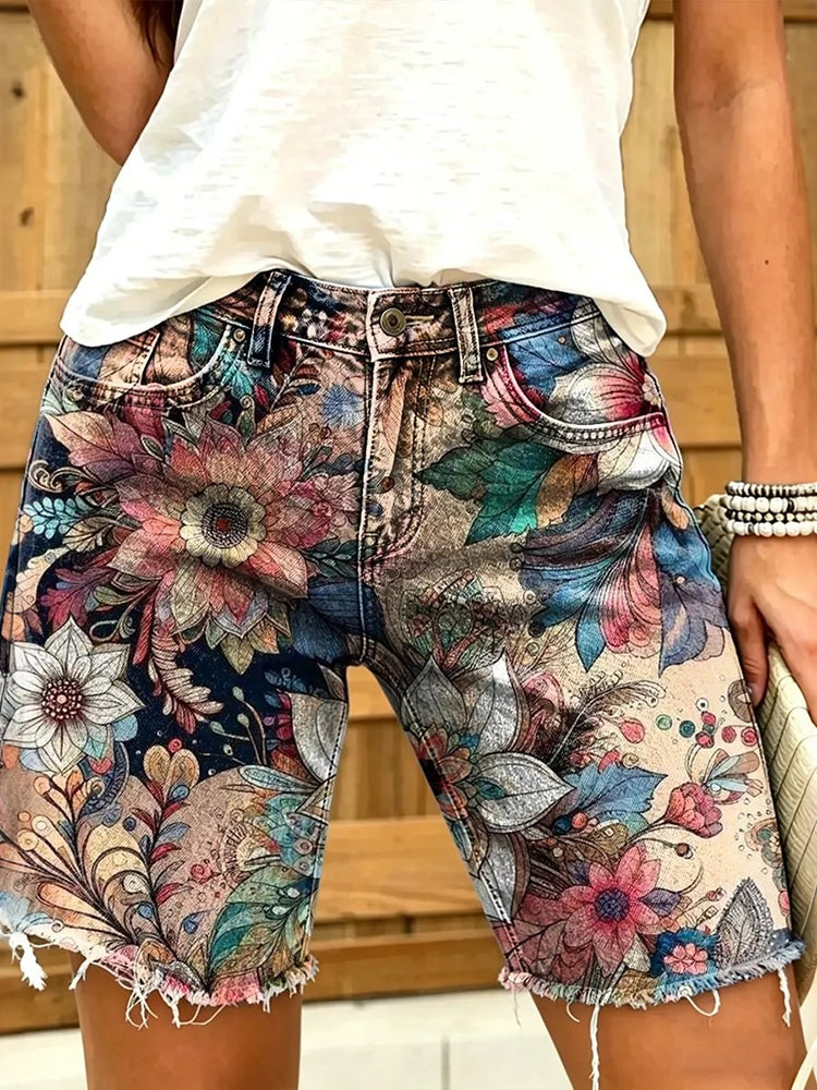 Cardydony Women's Retro Floral Art Print Denim Shorts