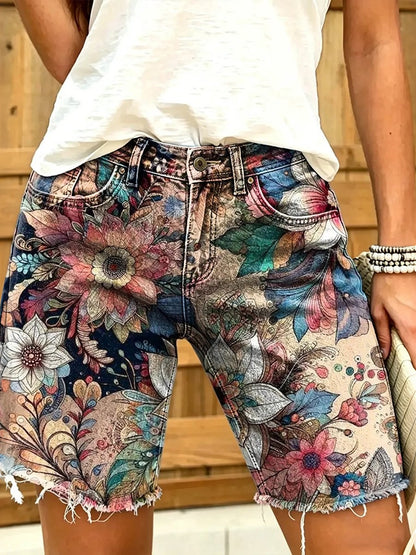 Cardydony Women's Retro Floral Art Print Denim Shorts