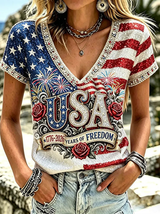 Cardydony Women's Vintage Independence Day Anniversary Art Print Short Sleeve Top