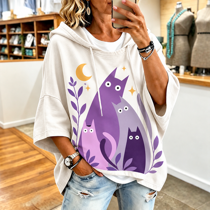 Cardydony Women's Casual Hooded Sweatshirt In Off-white With Abstract Purple Cats, Crescent Moon, And Botanical Foliage Print