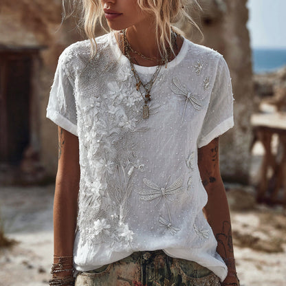Cardydony Women's Retro Bohemian Style Floral And Dragonfly Sequin T-shirt