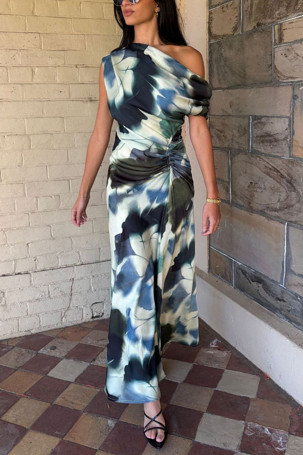 Cardydony Women's Unique Print Asymmetrical Off-Shoulder Pleated Waist Casual Maxi Dress