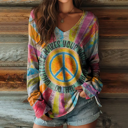 Cardydony Women's Retro Colorful Hippie Art Print Casual V-neck Long-sleeve T-shirt