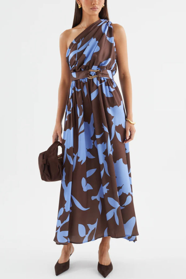 Cardydony Women's Unique Printed One-Shoulder Belt Casual Holiday Maxi Dress
