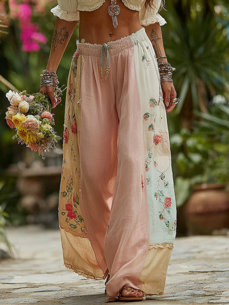 Cardydony Women's Bohemian Style Patchwork Casual Resort Linen Blend Pants