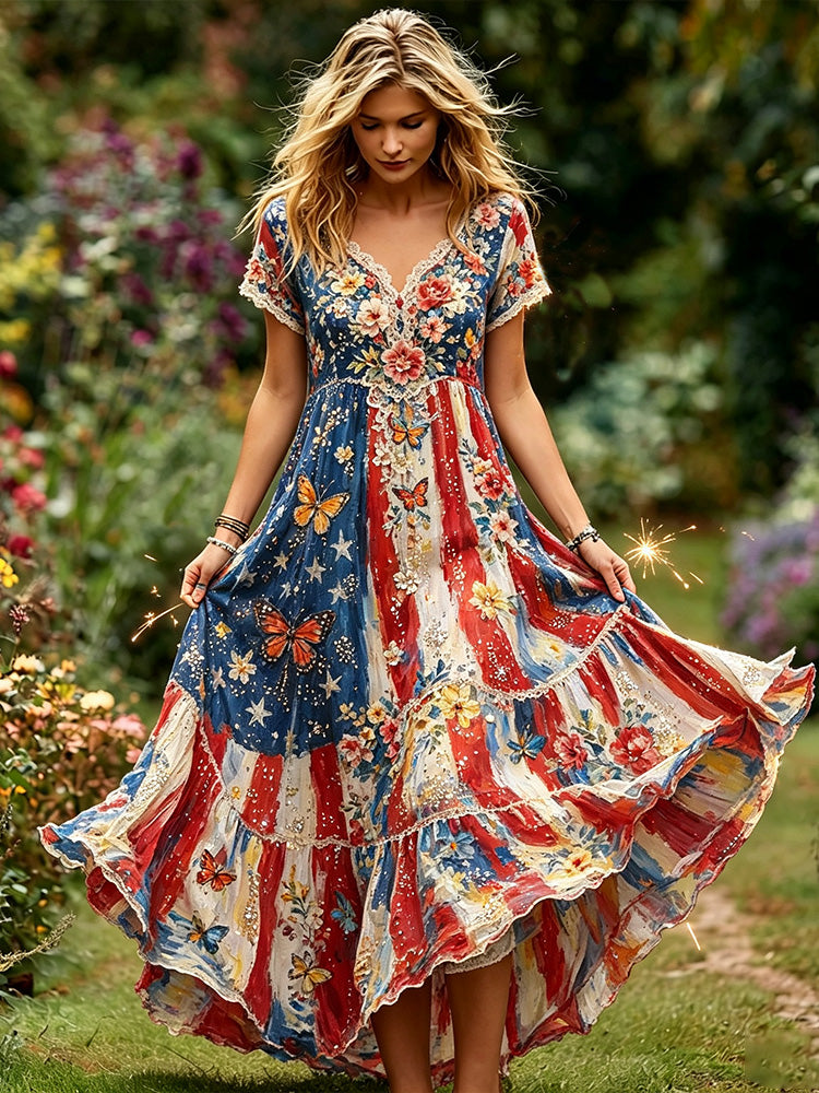 Cardydony Women's American Anniversary Flag Art Cotton Linen Short Sleeve Dress