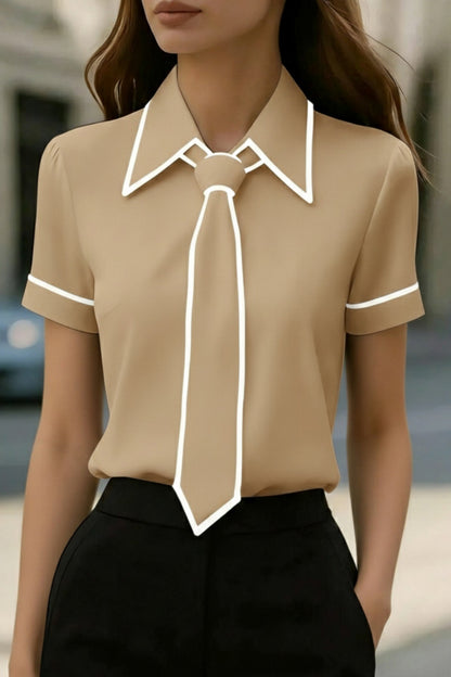 Cardydony Women's  Stylish Color-blocked Trim Collared Short-sleeved Casual Shirt