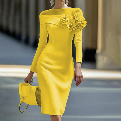 Cardydony Elegant Round Neck Three Dimensional Flower Decorated Midi Dress