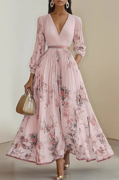 Cardydony Women's Unique Printed V-Neck Long Sleeve Bow Tie Waist Holiday Maxi Dress