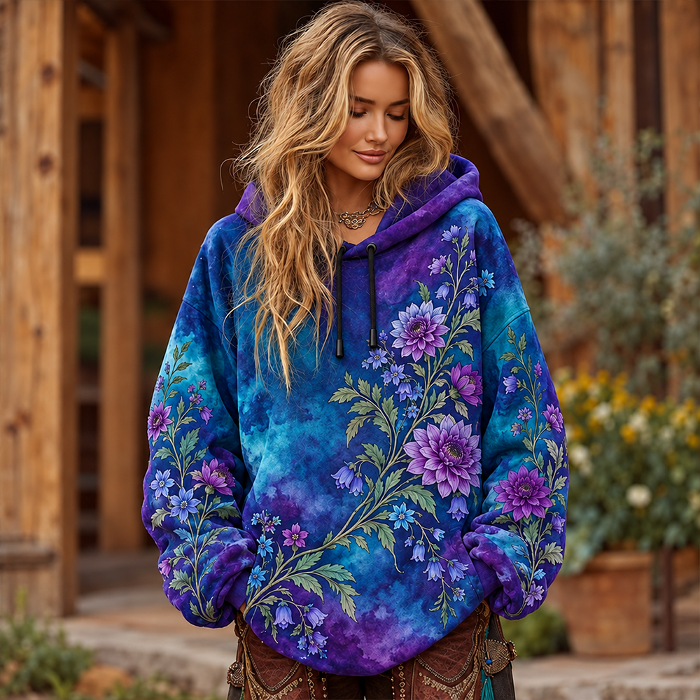 Cardydony Women's Blue And Purple Tie-dye Floral Graphic Hoodie