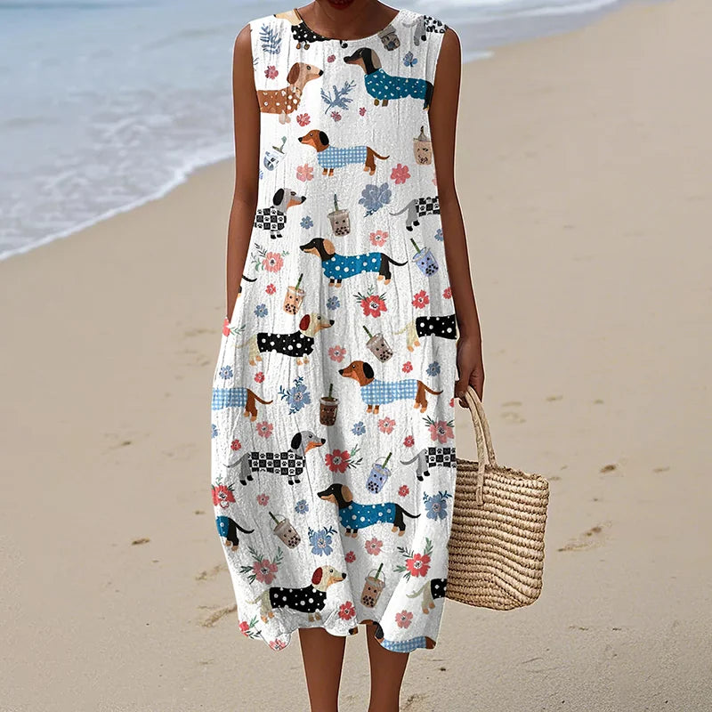 Cardydony Women's Cute Dachshund And Floral Print Linen Blend Tank Midi Dress