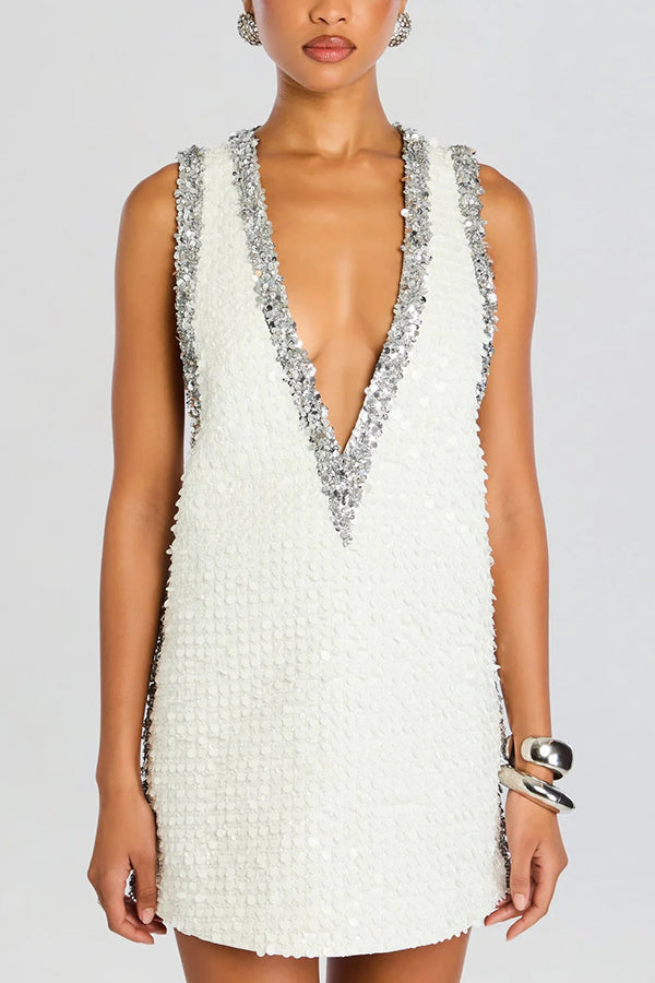 Cardydony Women's Cocktail Charm Sequin Colorblock Trim V-neck Sleeveless A-line Mini Dress