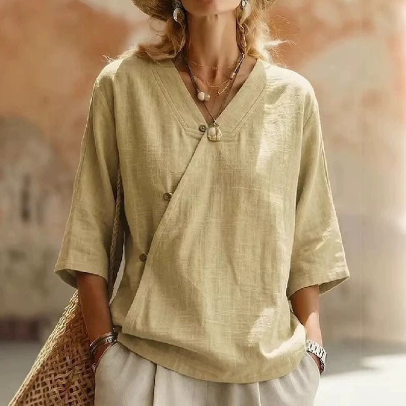 Cardydony Women's Casual Cotton And Linen Retro Diagonal Button Three-quarter Sleeve Top