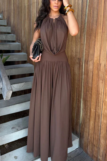 Cardydony Women's Lightweight Chic Metal Ring Drape Cowl Halter Neck Bodysuit and Elastic Waist Wide Leg Pants Set