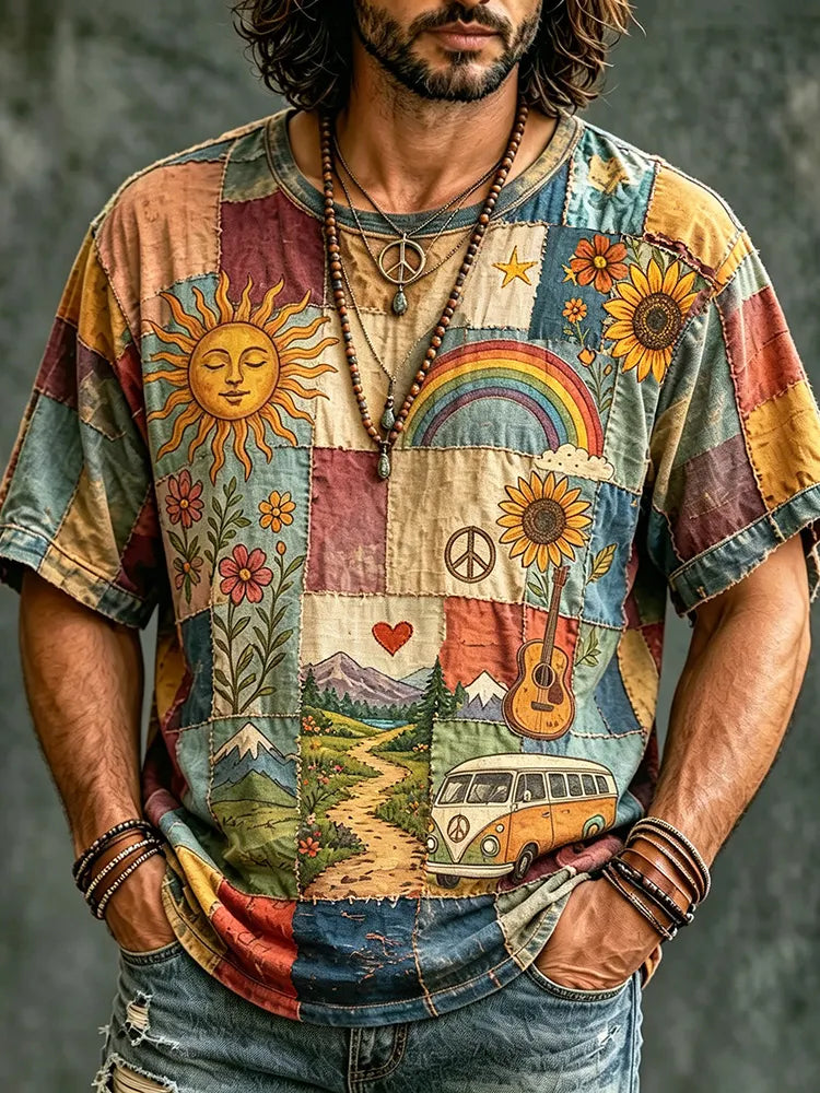 Cardydony Men's Hippie Music With Scenery Patchwork Pattern Print T-shirt