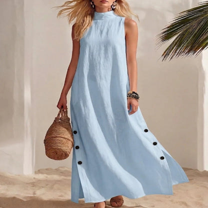 Cardydony Women's Solid Color Stand Collar Sleeveless Button Slit Linen Blend Midi Dress