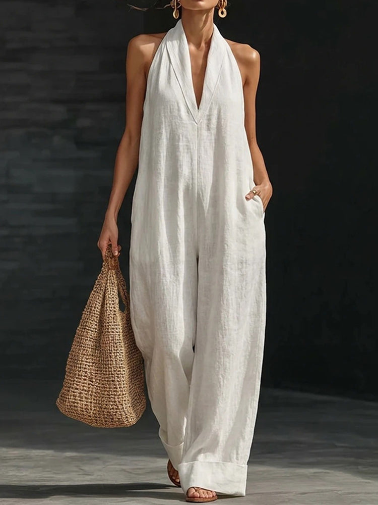 Cardydony Women's Solid Color Sleeveless Linen Blend Jumpsuit