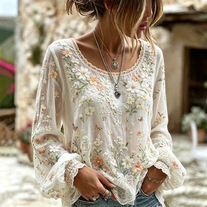 Cardydony Women's Small Floral And Lace Art Crew Neck Long Sleeve Top