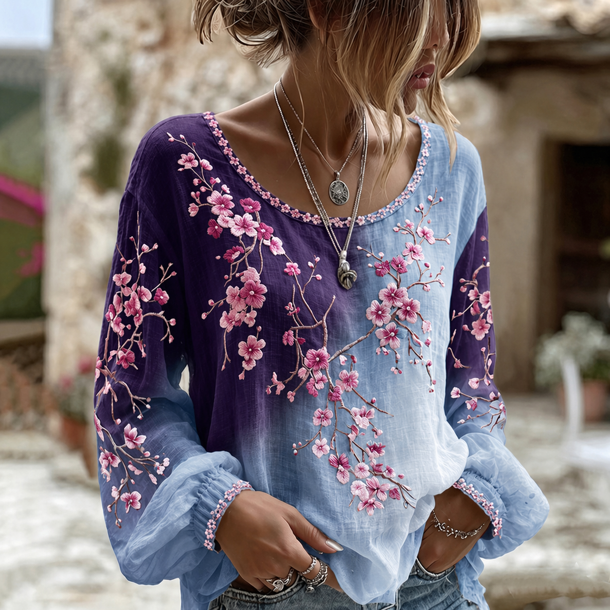Cardydony Women's Retro Sakura Gradient Art Round Neck Long Sleeve T-shirt