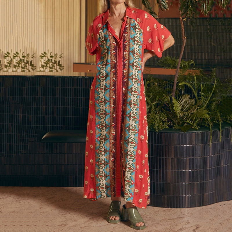Cardydony Vintage Mediterranean Printed Linen Shirt Dress