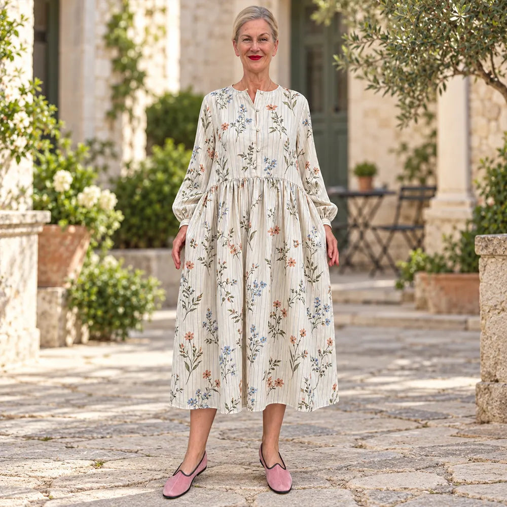Cardydony Women's Vintage Dainty Floral Print Loose Fit Long Sleeve Gathered Waist Midi Dress